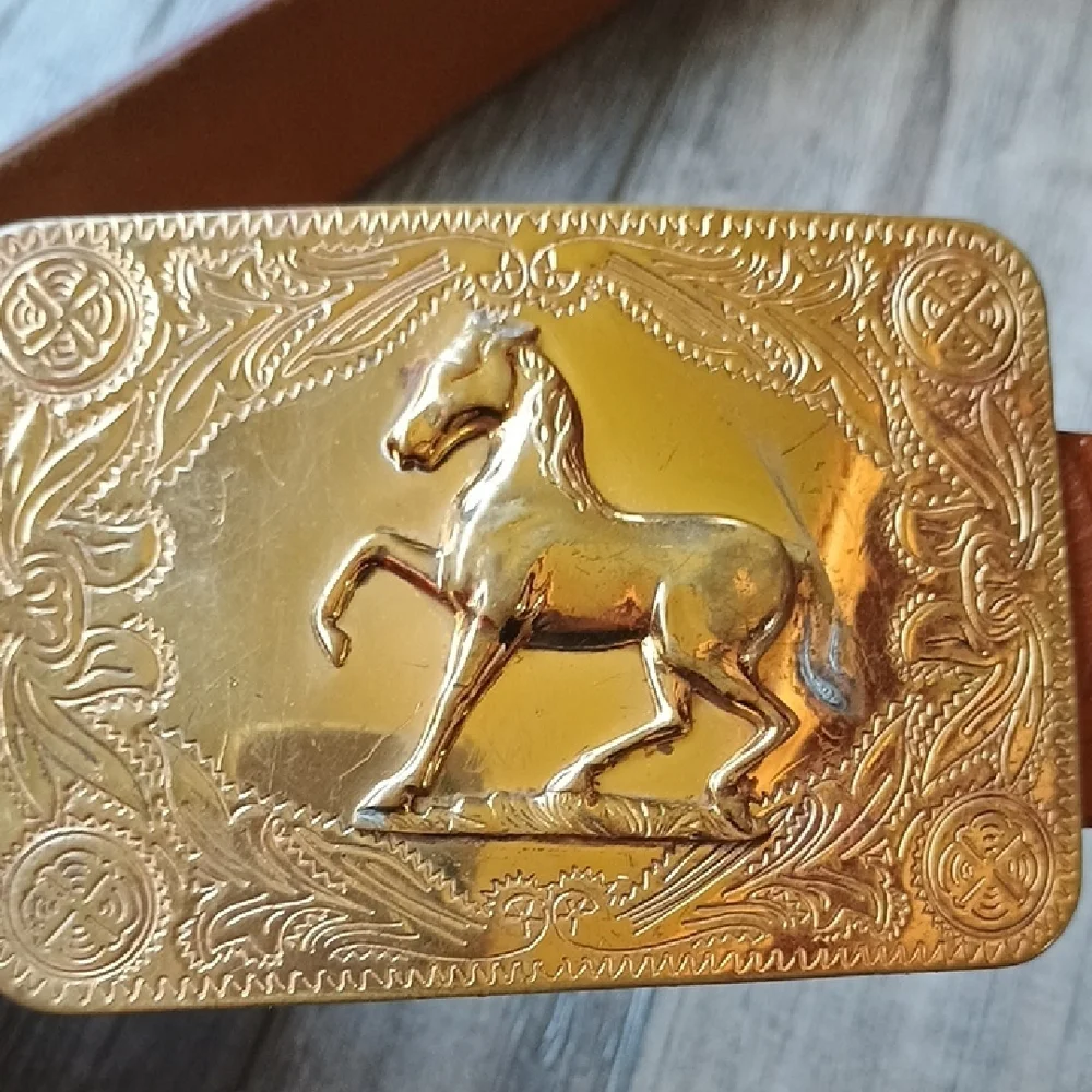 Gold Buckle Brown Leather Belt Western Style